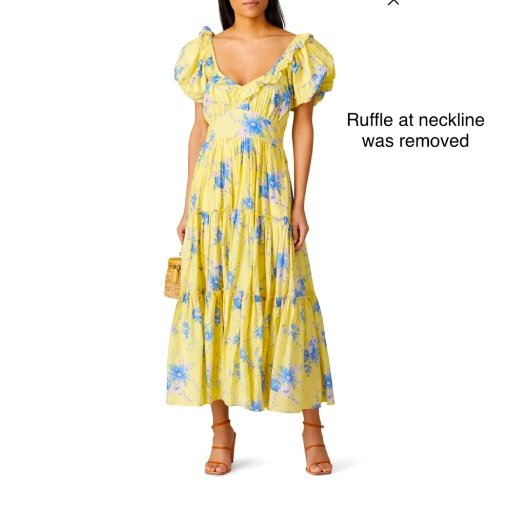 LoveShackFancy yellow blue floral tiered bohemian dress